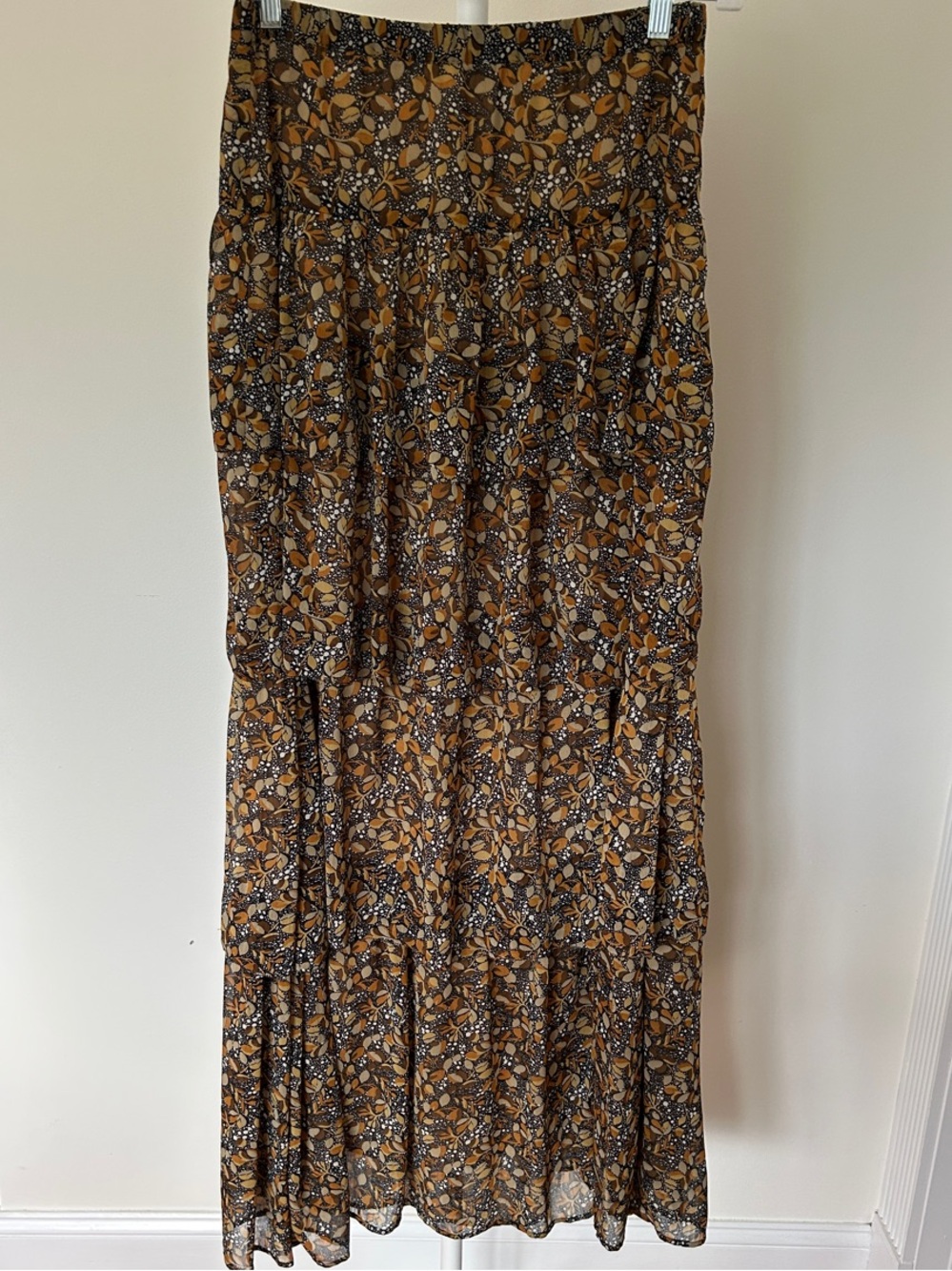 ba&sh Mustard Floral Tiered Maxi Skirt with Black Accents